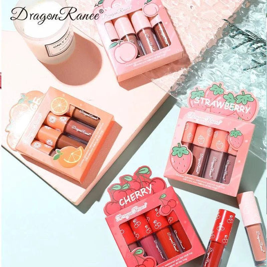 Mandotos Mini Velvet Matte Lip Gloss Set with four lightweight, fruit-scented lip tints, long-lasting and non-fading.