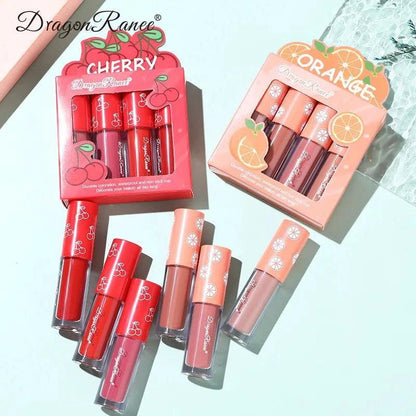 Mandotos Mini Velvet Matte Lip Gloss Set with four fruit-scented, long-lasting, lightweight, non-fading lip tints in smooth packaging.