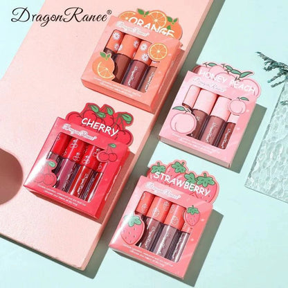 Mandotos Mini Velvet Matte Lip Gloss Set with four fruity scented, long-lasting, non-fading, lightweight lip tints in sleek containers.