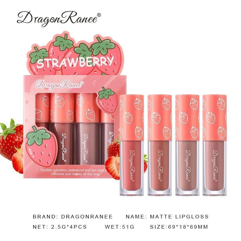 Mandotos Mini Velvet Matte Lip Gloss Set with four fruit-scented, long-lasting, non-fading, lightweight lip tints in sleek packaging.