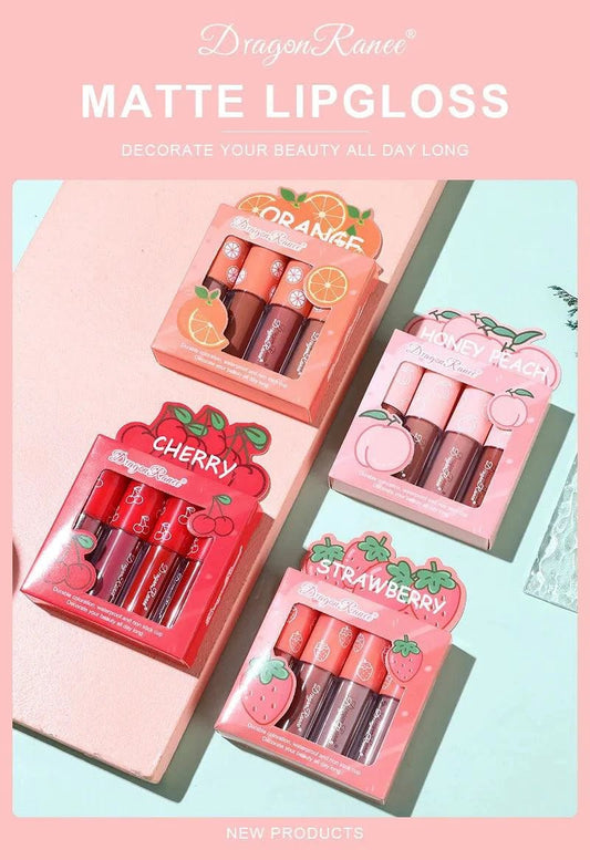 Mandotos Mini Velvet Matte Lip Gloss Set with four fruit-scented, long-lasting, non-fading, lightweight lip tints in sleek packaging.