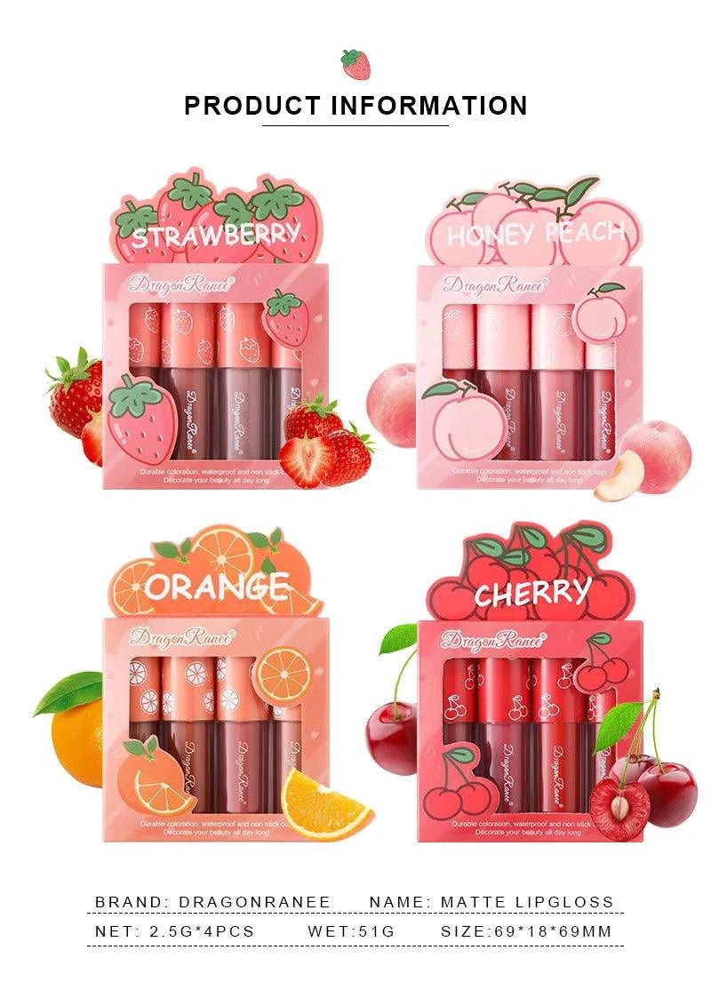 Mandotos Mini Velvet Matte Lip Gloss Set with four fruit-scented, long-lasting, non-fading, lightweight lip tints in smooth, matte finish.