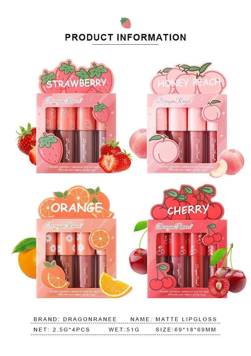 Mandotos Mini Velvet Matte Lip Gloss Set with four fruit-scented, long-lasting, non-fading, lightweight lip tints in smooth, matte finish.