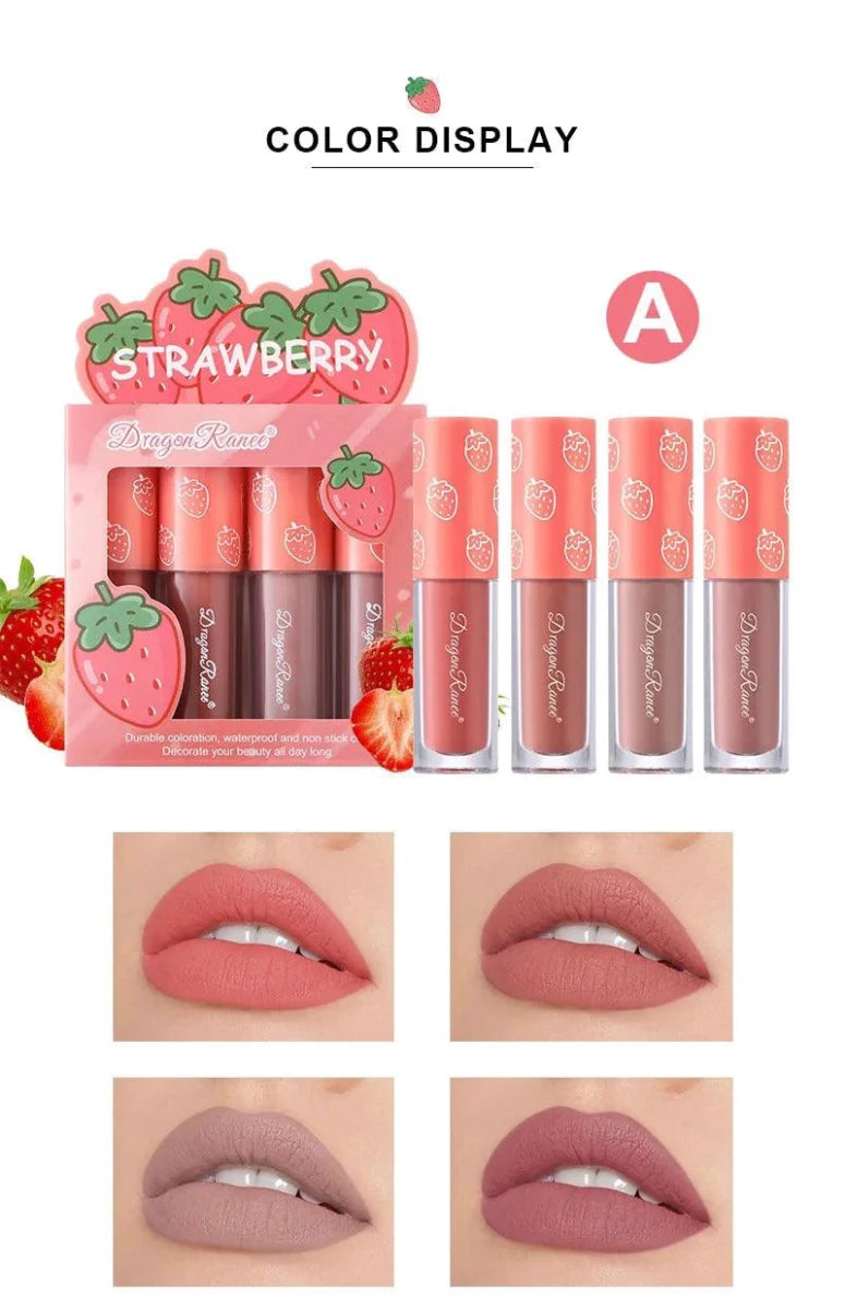Mandotos Mini Velvet Matte Lip Gloss Set with four fruit-scented, long-lasting, non-fading, lightweight lip tints in sleek packaging.