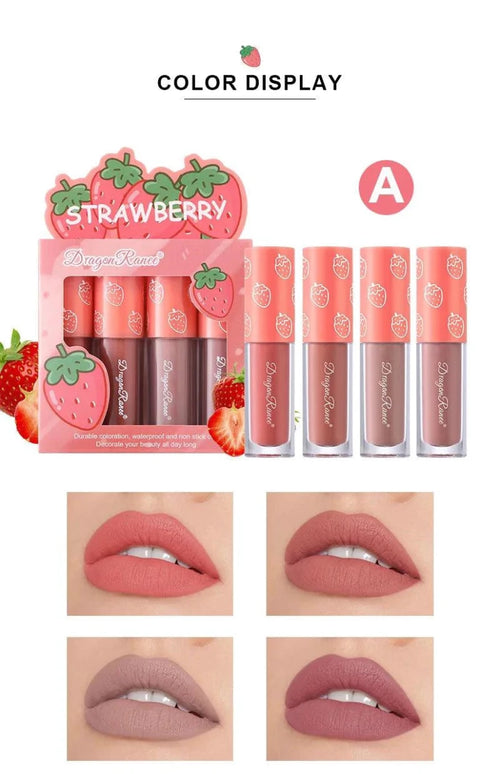 Mandotos Mini Velvet Matte Lip Gloss Set with four fruit-scented, long-lasting, non-fading, lightweight lip tints in sleek packaging.
