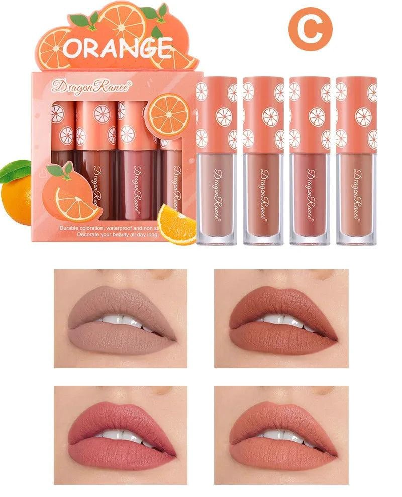 Mandotos Mini Velvet Matte Lip Gloss Set with four fruit-scented, long-lasting, non-fading, lightweight lip tints in stylish tubes.