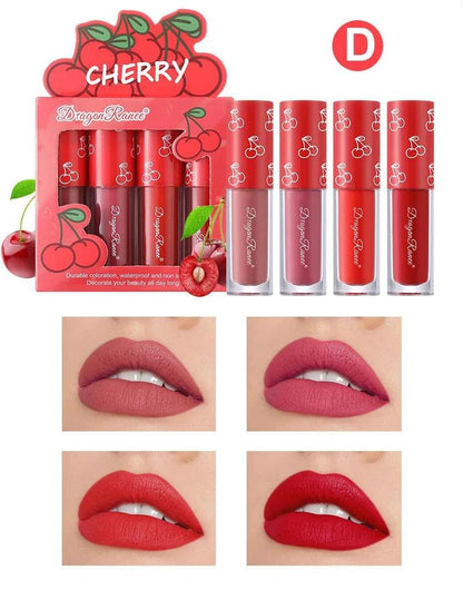 Mandotos Mini Velvet Matte Lip Gloss Set with four fruit-scented, long-lasting, non-fading, lightweight lip tints arranged in a row.