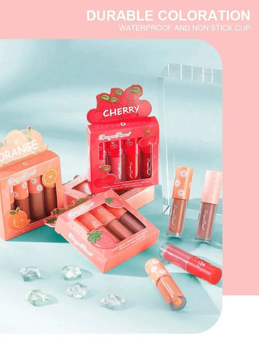 Mandotos Mini Velvet Matte Lip Gloss Set with four fruit-scented, long-lasting, non-fading, lightweight lip tints displayed in a compact set.