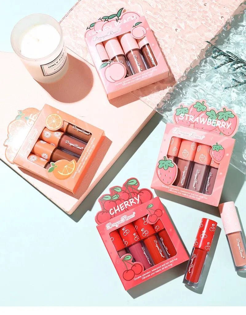 Mandotos Mini Velvet Matte Lip Gloss Set with four fruit-scented, long-lasting, non-fading, lightweight lip tints in sleek packaging.