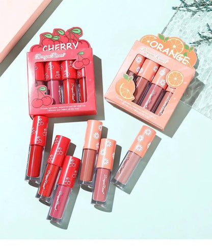 Mandotos Mini Velvet Matte Lip Gloss Set with four fruit-scented, long-lasting, non-fading, lightweight lip tints in sleek containers.