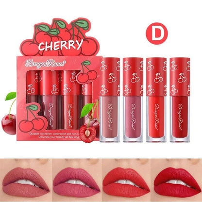 Mandotos Mini Velvet Matte Lip Gloss Set with four lightweight, long-lasting, fruit-scented lip glosses in sleek containers.