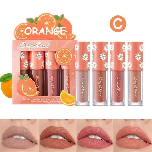 Mandotos Mini Velvet Matte Lip Gloss Set with four fruit-scented, long-lasting, non-fading, lightweight lip tints.