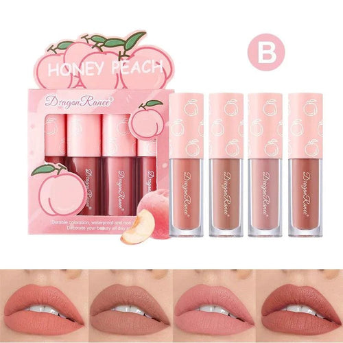 Mandotos Mini Velvet Matte Lip Gloss Set with four fruit-scented, long-lasting, non-fading, lightweight lip tints in sleek packaging.