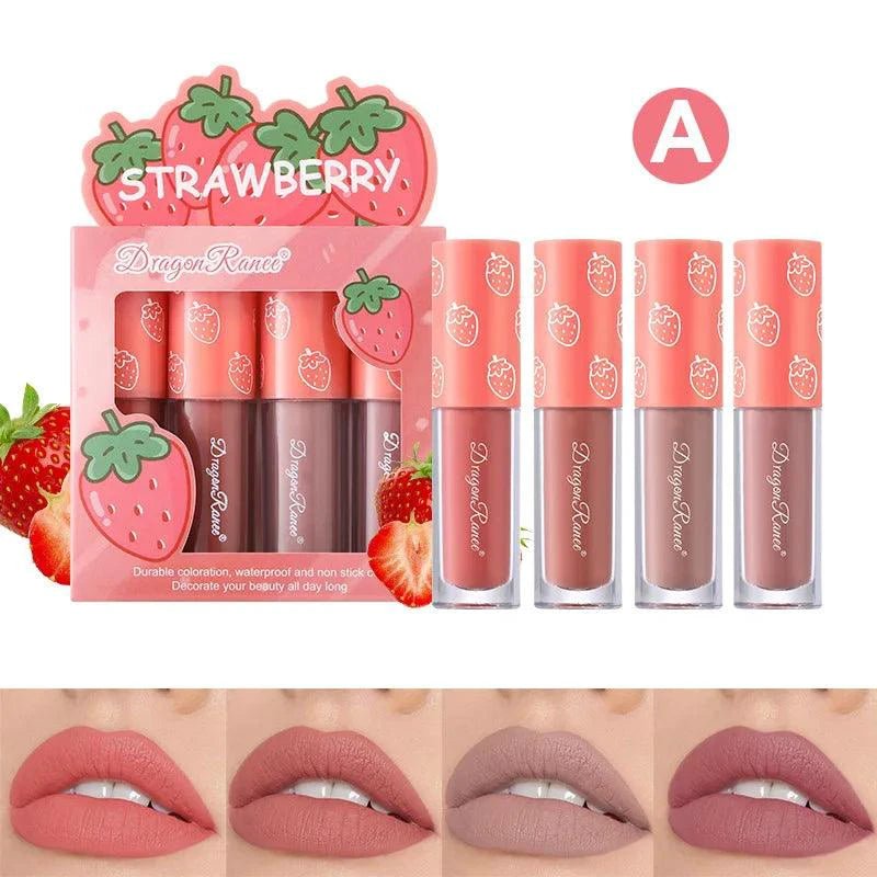 Mandotos Mini Velvet Matte Lip Gloss Set with four fruit-scented, long-lasting, non-fading, smooth, lightweight lip tints.