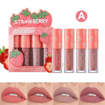 Mandotos Mini Velvet Matte Lip Gloss Set with four fruit-scented, long-lasting, non-fading, smooth, lightweight lip tints.