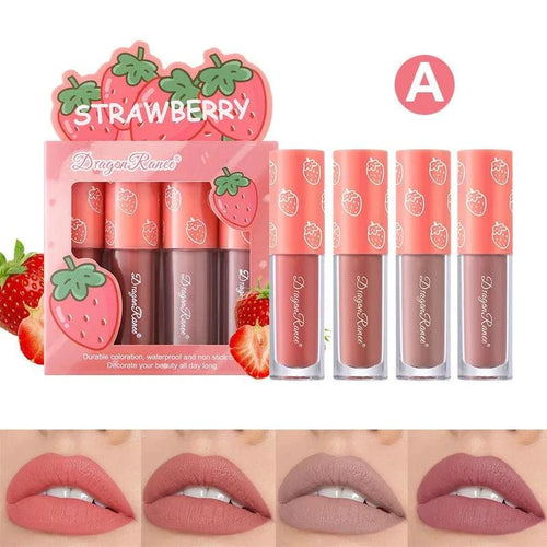 Mandotos Mini Velvet Matte Lip Gloss Set with four fruit-scented, long-lasting, non-fading, smooth, lightweight lip tints.