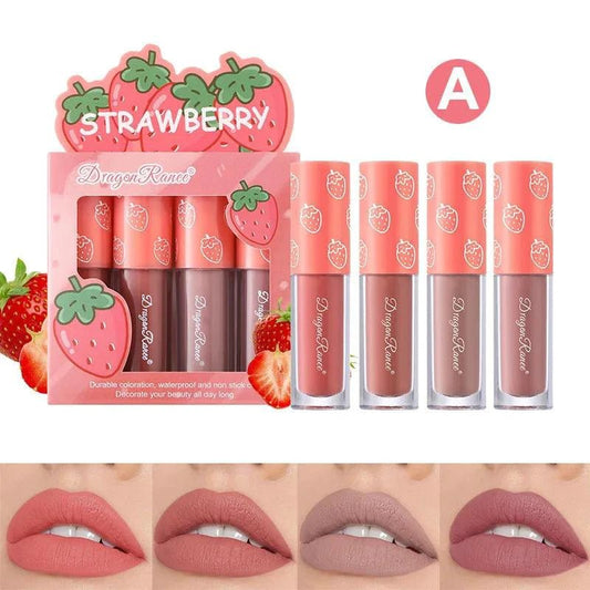 Mandotos Mini Velvet Matte Lip Gloss Set with four fruit-scented, long-lasting, non-fading, smooth, lightweight lip tints.