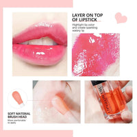 Mandotos moisturizing lip balm oil with plumping, exfoliating lip gloss in a sleek tube, showing smooth, glossy lips.
