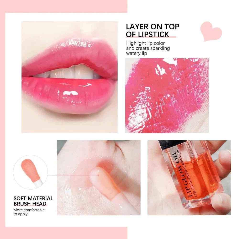 Mandotos moisturizing lip balm oil with plumping, exfoliating lip gloss in a sleek tube, showing smooth, glossy lips.