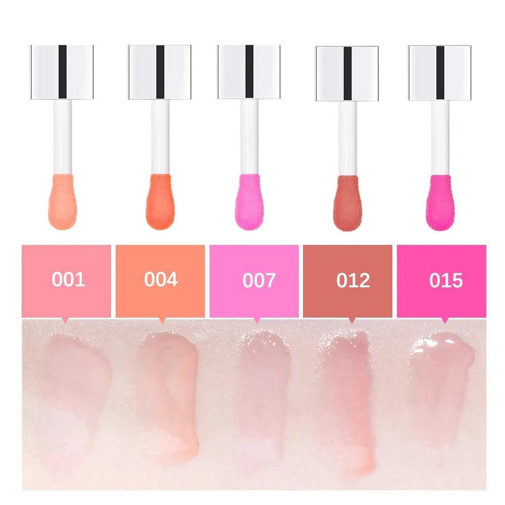Mandotos moisturizing lip balm oil with plumping and exfoliating lip gloss, featuring a smooth, glossy finish on lips.
