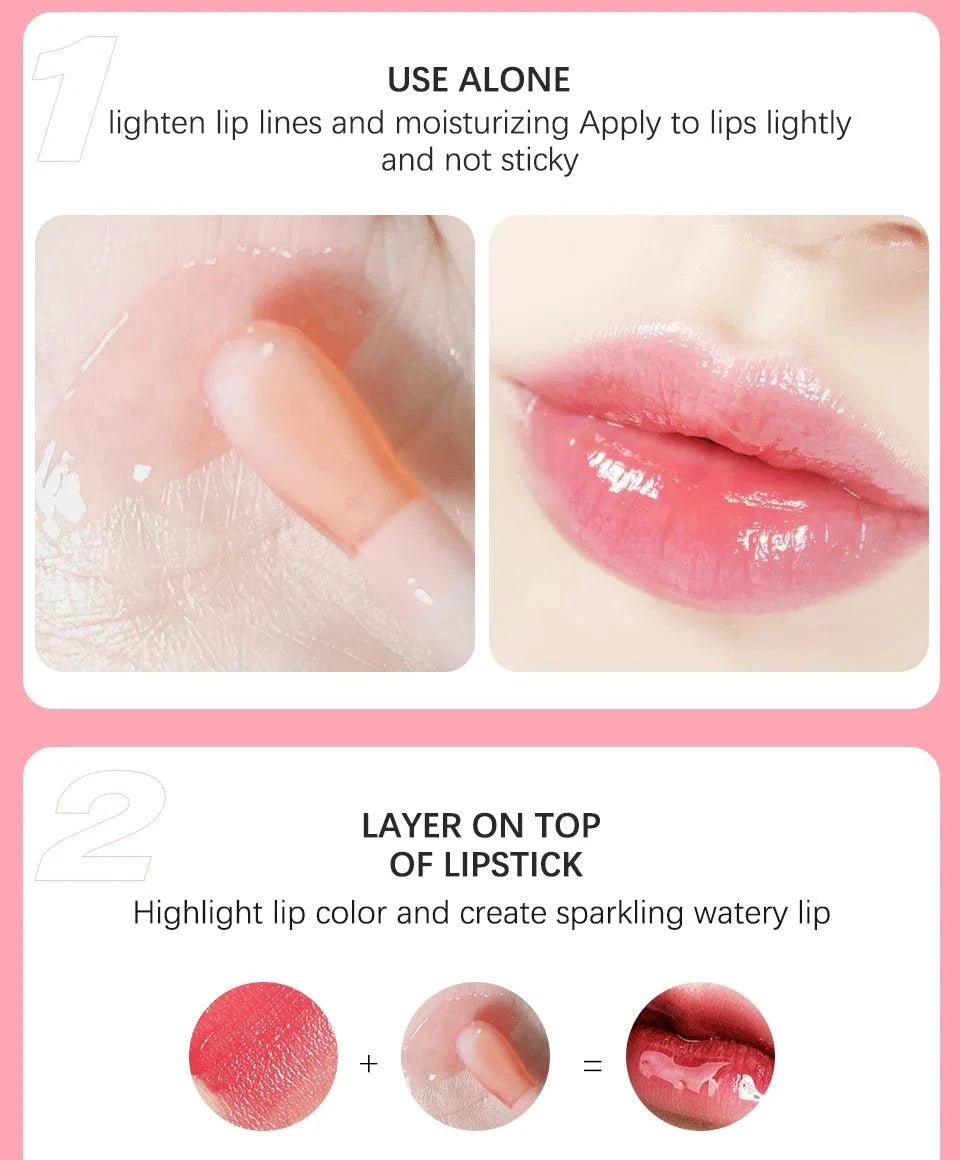 Mandotos moisturizing lip balm oil with plumping and exfoliating lip gloss effects, shown in a sleek tube with a glossy finish.