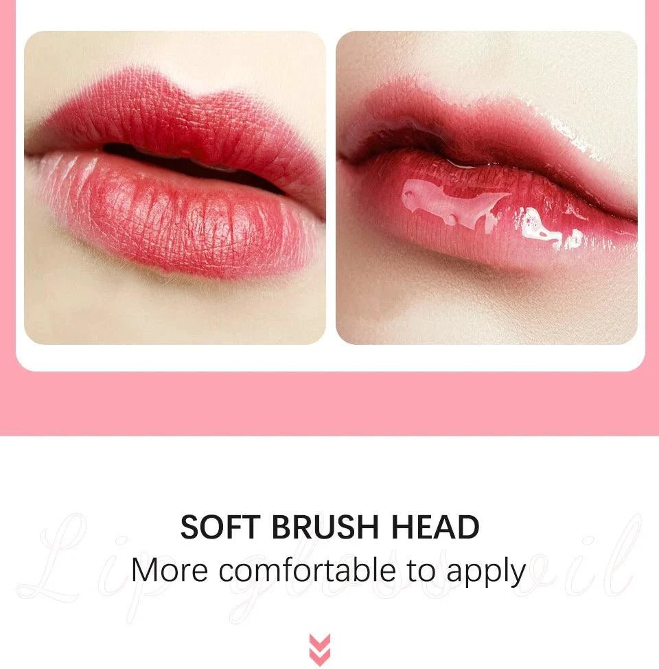 Mandotos moisturizing lip balm oil with plumping and exfoliating lip gloss, featuring smooth, shiny lips in a close-up image.