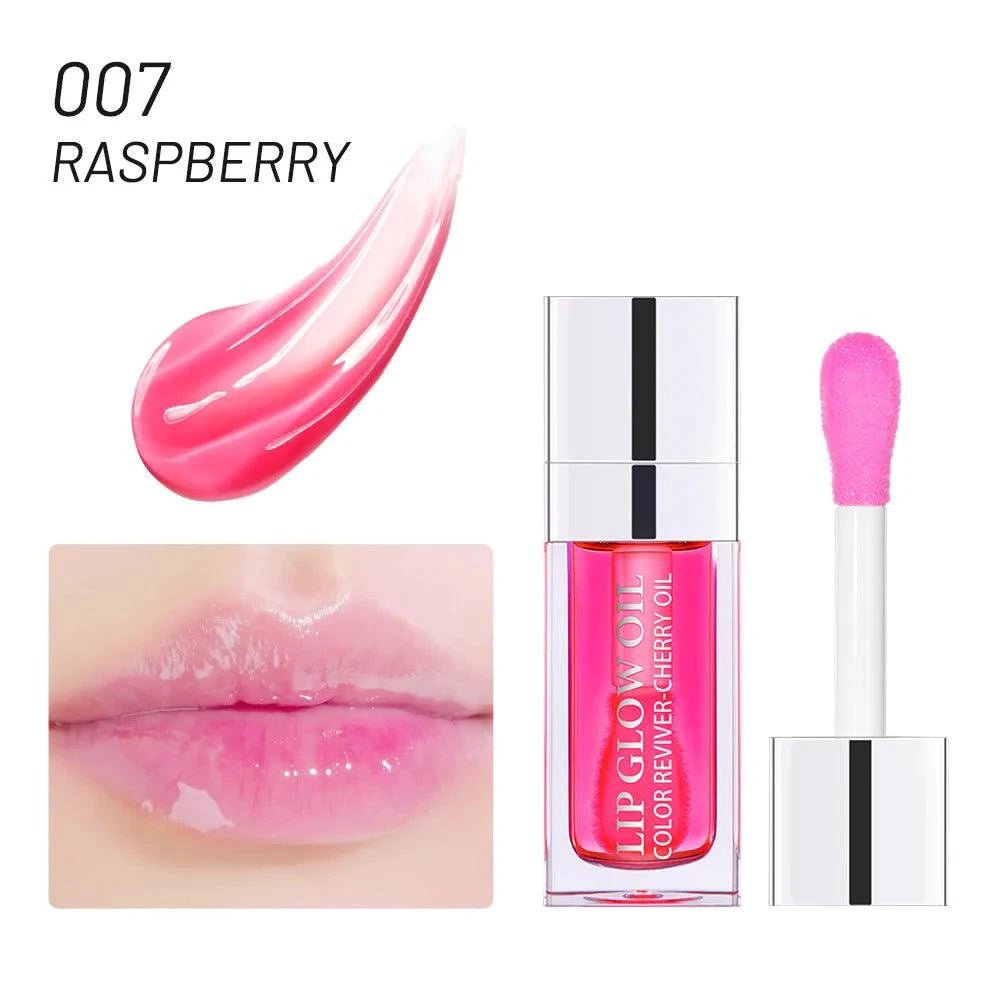 Mandotos moisturizing lip balm oil with plumping, exfoliating lip gloss on lips, showcasing smooth, shiny, nourished lips.