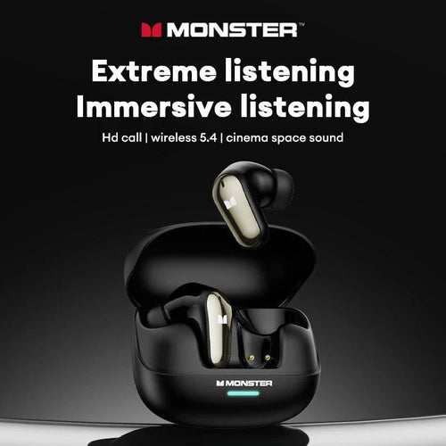 MANDOTOS Monster MQT52 wireless Bluetooth 5.4 earphones with long battery life, gaming headset, stereo sound, and built-in microphone.