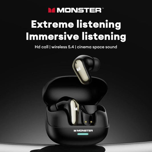 MANDOTOS Monster MQT52 wireless Bluetooth 5.4 earphones with long battery life, gaming headset, stereo sound, and built-in microphone.