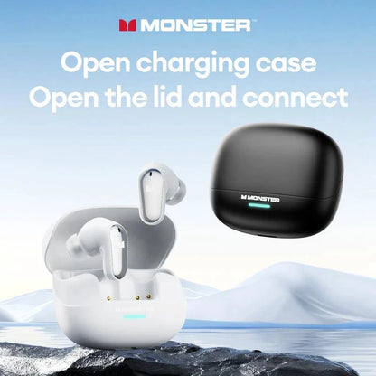 Mandotos Monster MQT52 wireless Bluetooth 5.4 earphones with long battery life, gaming headset, dual mode, stereo sound, and mic.