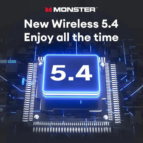 Mandotos Monster MQT52 wireless Bluetooth 5.4 earphones with long battery life, HIFI stereo sound, dual mode, and built-in mic.