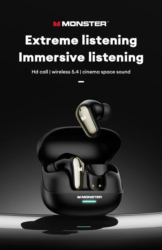 Mandotos Monster MQT52 wireless Bluetooth 5.4 earphones with long battery life, stereo sound, microphone, and gaming headset features.