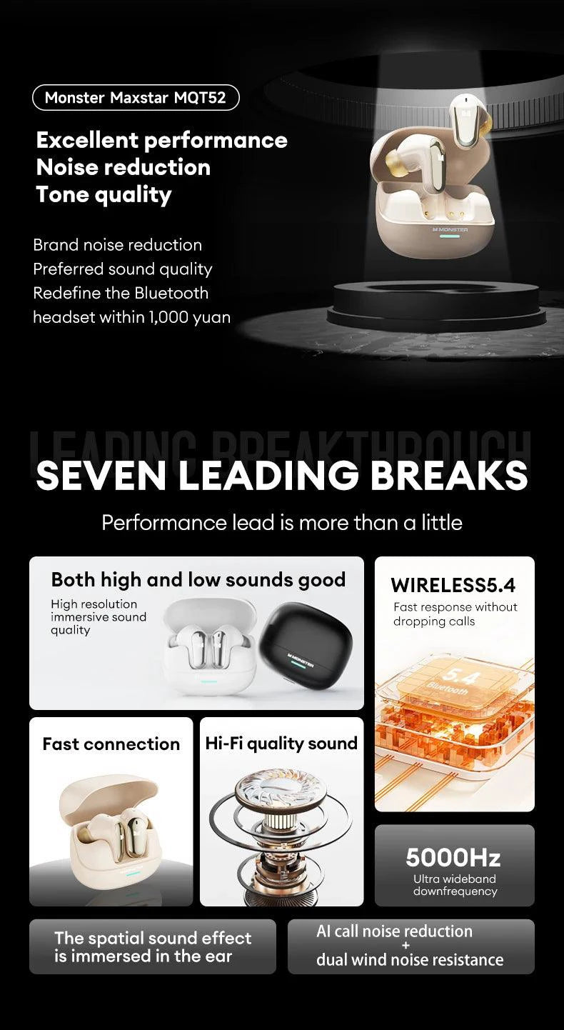 Mandotos Monster MQT52 wireless Bluetooth 5.4 earphones with long battery life, stereo sound, dual mode, and built-in mic.