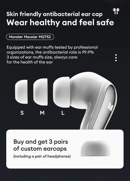 Mandotos Monster MQT52 wireless Bluetooth 5.4 earphones with mic, long battery life, dual mode, and stereo sound for gaming.