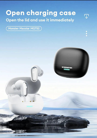 Mandotos Monster MQT52 wireless Bluetooth 5.4 earphones with long battery life, gaming headset, stereo sound, and built-in mic.