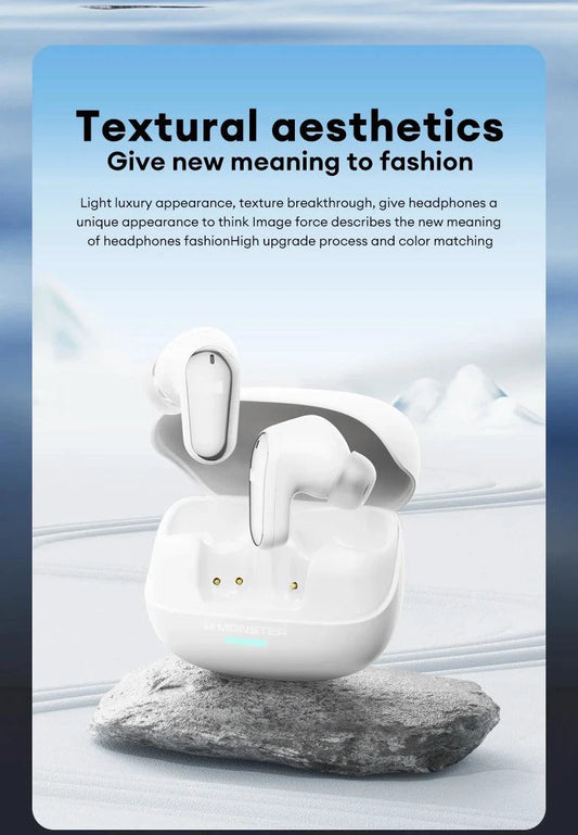 MANDOTOS Monster MQT52 wireless Bluetooth 5.4 earphones with long battery life, gaming headset, dual mode, stereo sound, and mic.