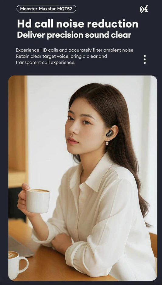 Mandotos Monster MQT52 wireless Bluetooth 5.4 earphones with long battery life, dual mode gaming headphones and built-in mic.