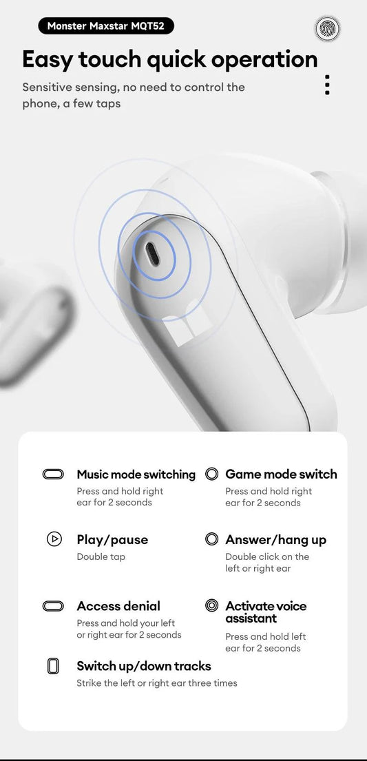 Mandotos Monster MQT52 wireless Bluetooth 5.4 earphones with long battery life, gaming headset, stereo sound, and built-in mic.
