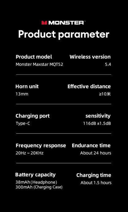 Mandotos Monster MQT52 wireless Bluetooth 5.4 gaming earphones with stereo sound, mic, long battery life, and dual mode headset.