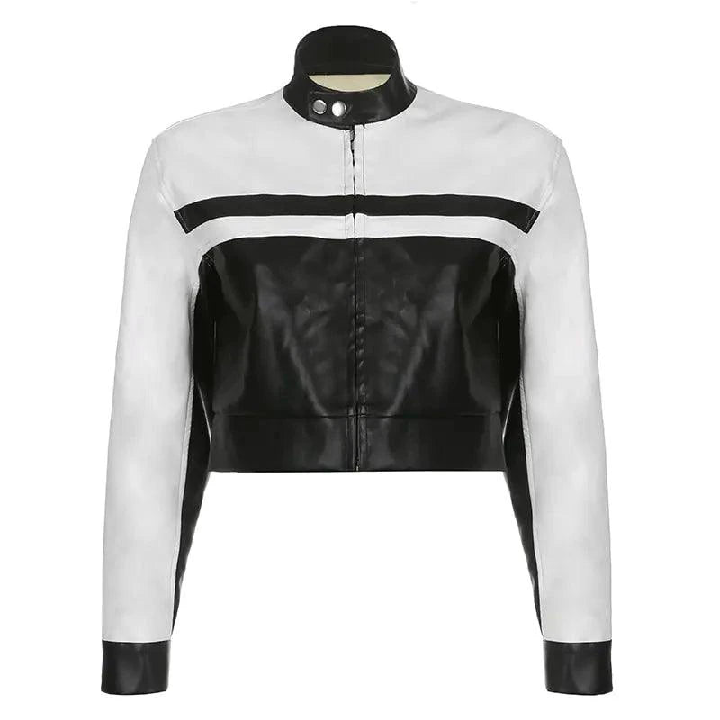 Mandotos mosaic leather jacket featuring colorful patchwork, slim fit design, and stylish collar on a model.