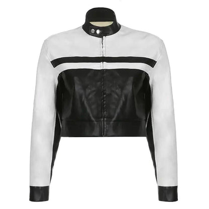 Mandotos mosaic leather jacket featuring colorful patchwork, slim fit design, and stylish collar on a model.