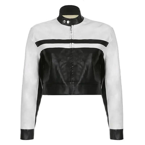 Mandotos mosaic leather jacket featuring colorful patchwork, slim fit design, and stylish collar on a model.