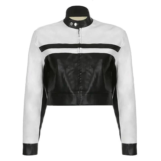 Mandotos mosaic leather jacket featuring colorful patchwork, slim fit design, and stylish collar on a model.