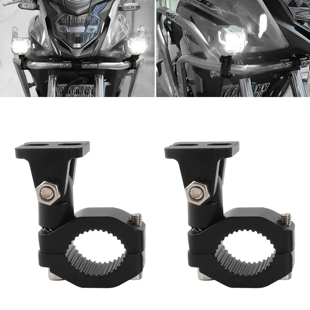 MANDOTOS motorcycle crash bars with foglight mounting brackets and highway light clamps for motorbikes and driving lights.