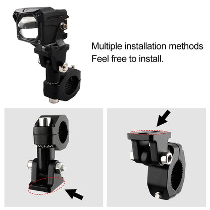 Mandotos motorcycle crash bars with foglight mounting brackets and spotlight clamps on highway bars for motorbikes.