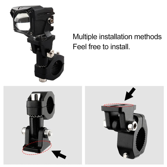 Mandotos motorcycle crash bars with foglight mounting brackets and spotlight clamps on highway bars for motorbikes.