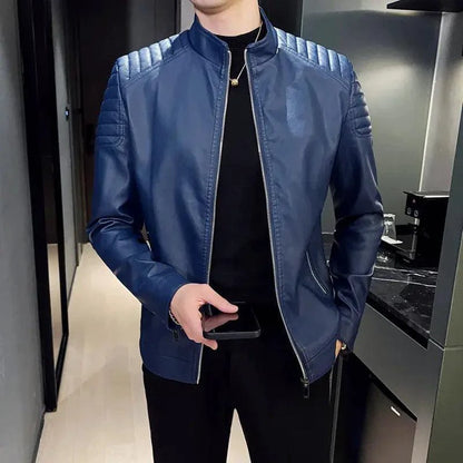 Men's black motorcycle leather jacket by MANDOTOS with rugged design and protective features, displayed on a mannequin.