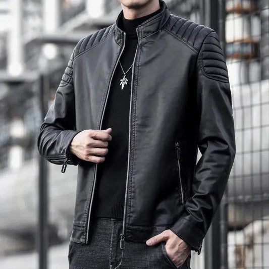 Men's black motorcycle leather jacket by MANDOTOS with zipper details and quilted shoulders, designed for riding and style.