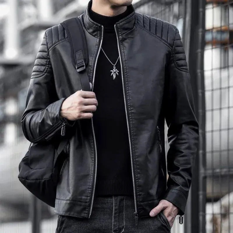 Men's black motorcycle leather jacket by MANDOTOS featuring a classic design, front zipper, and shoulder detailing.
