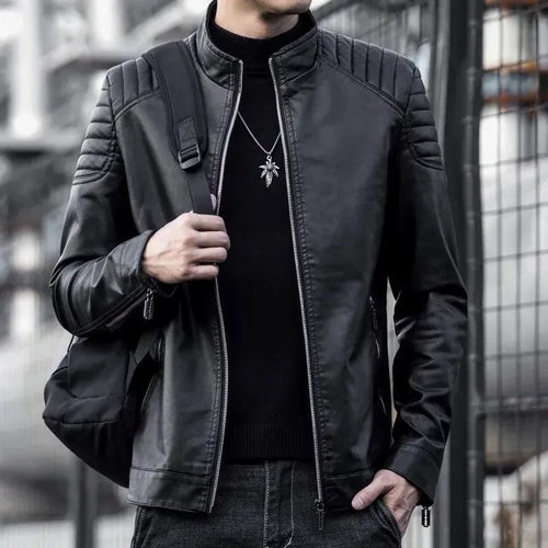 Men's black motorcycle leather jacket by MANDOTOS featuring a classic design, front zipper, and shoulder detailing.